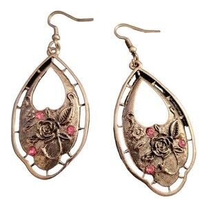 Large Silver Toned Dangle Earrings with Raised Rose Design and Pink Rhinestones